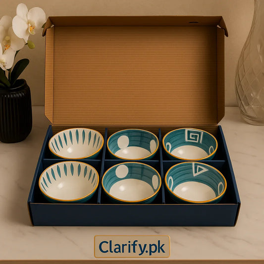 Ceramic Bowl Set Pack of 6 - Modern Blue Abstract Design - Clarify.pk