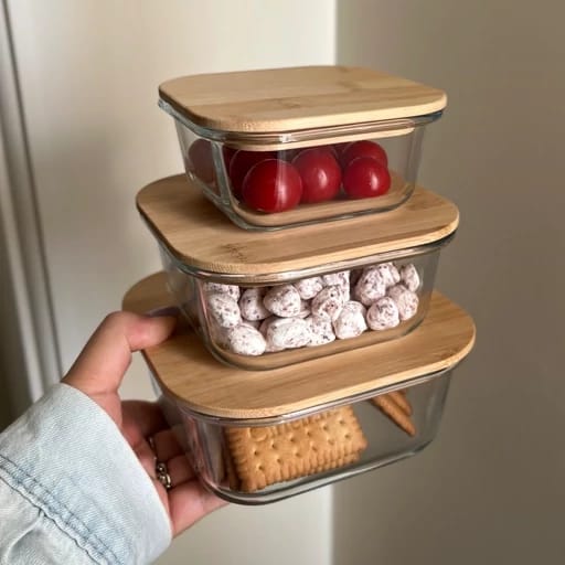 Luxury Eco-Square 3 Pieces Glass Dish Set with Bamboo Lids GL