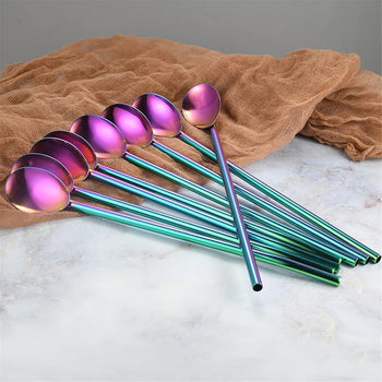 8-piece Spoon Straws, Stainless Steel Reusable Cocktail Spoons Straws with 2 Pieces Long Cleaning Brush for Drinks and Ice Cream