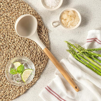 CAROTE Non Stick Silicon Spoon with Wooden Handle, Silicone Ladle for Cooking & Serving, Heat-Resistant, Dishwasher Safe, 1 Piece, 32cm, White