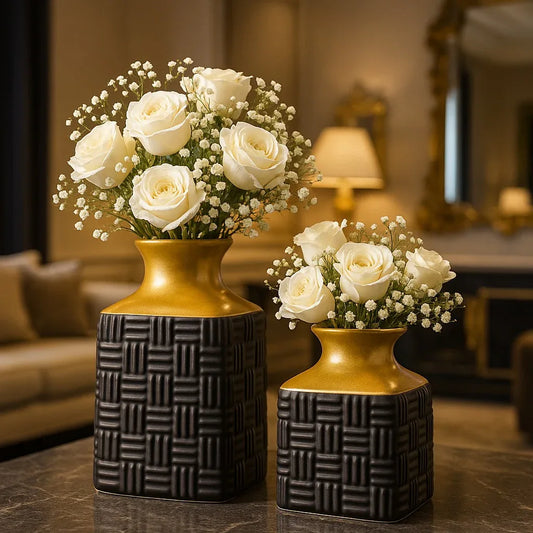 Luxury Black & Gold Textured Flower Vase - Clarify.pk