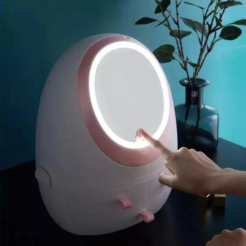 Oval Mirror Cosmetic Organizer with LED Lighted Storage and Makeup Mirror - Clarify.pk