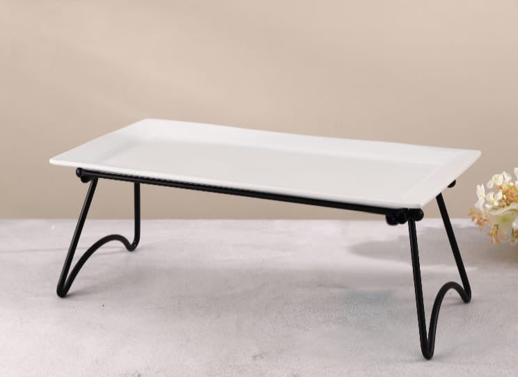 14-Inch Rectangular Ceramic Platter with Wrought Iron Stand