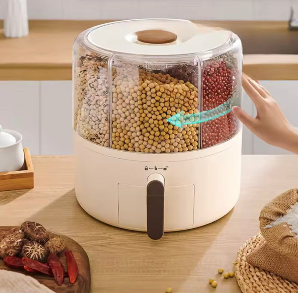 360° Rotating Grain Dispenser, Multi Grain Dispenser Bucket, Moisture Proof Cuisine Organizer, Rotary Partition Sealed Jar, Measuring Container Kitchen Grains Rice Storage Bucket Food Organizer