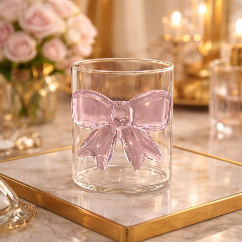 Luxury 3D Pink Bow Crystal Glass Mug - Elegant Coquette-Style Tea & Coffee Cup - Trenducts.pk