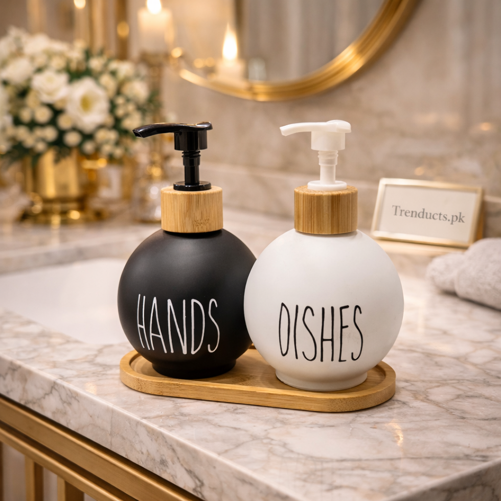 Luxury 2-Piece Round Soap Pump Set with Sculpted Bamboo Tray