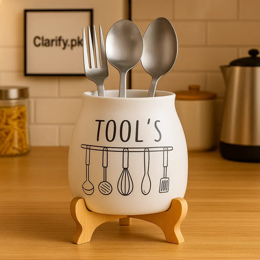 White Ceramic Utensil Holder for Kitchen Counter - Clarify.pk