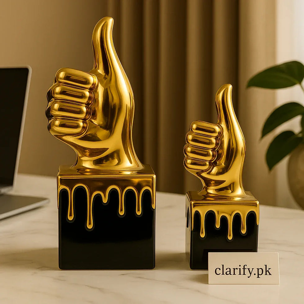 گولڈن تھمبس اپ مجسمہ سیٹ – جدید آرائشی مجسمے۔