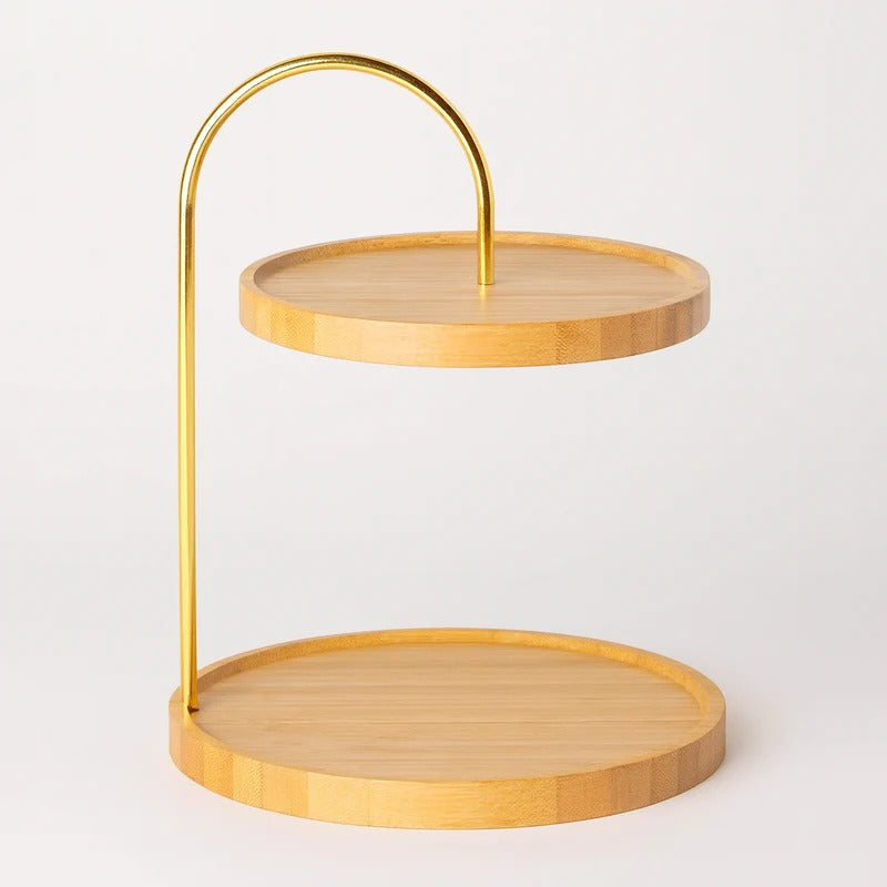 Luxury 2-Tier Bamboo Serving Stand with Gold Metal Handle