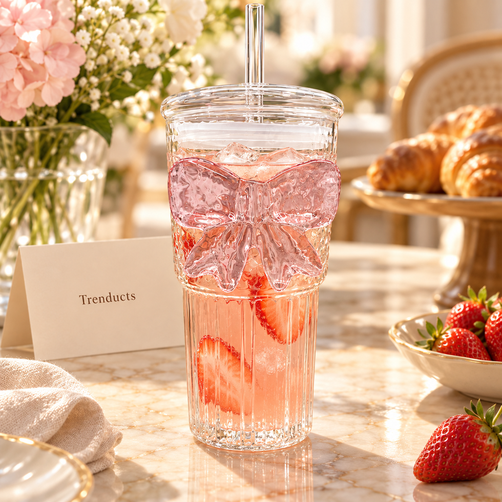 Ribbed Bow Glass Tumbler with Dome Lid & Glass Straw – Aesthetic Coquette Drinkware