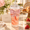 Ribbed Bow Glass Tumbler with Dome Lid & Glass Straw – Aesthetic Coquette Drinkware