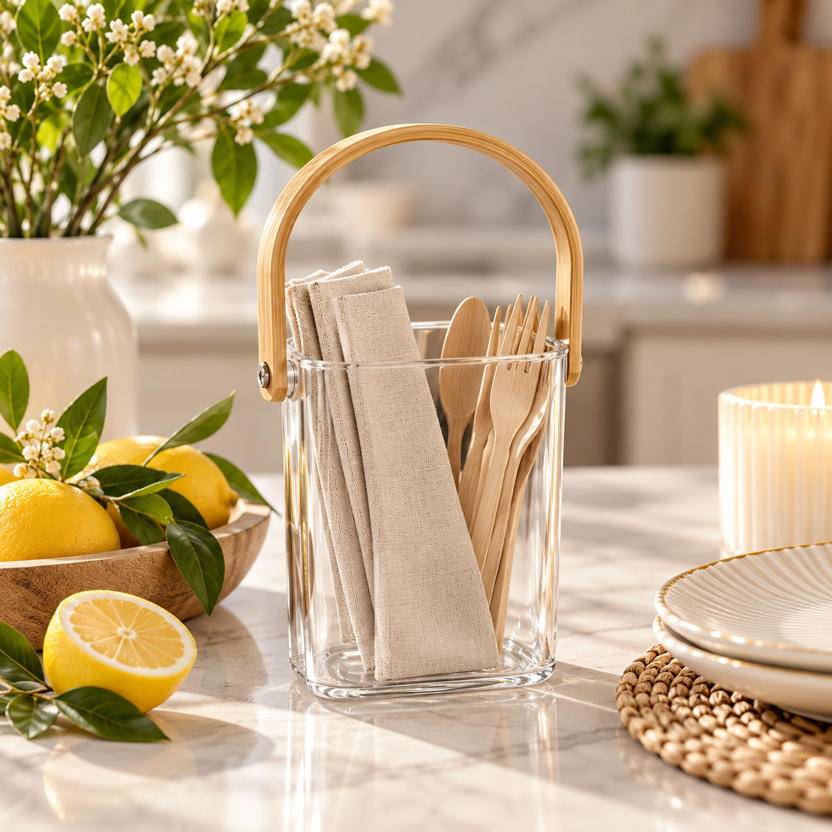 Clear Glass Bucket with Curved Handle