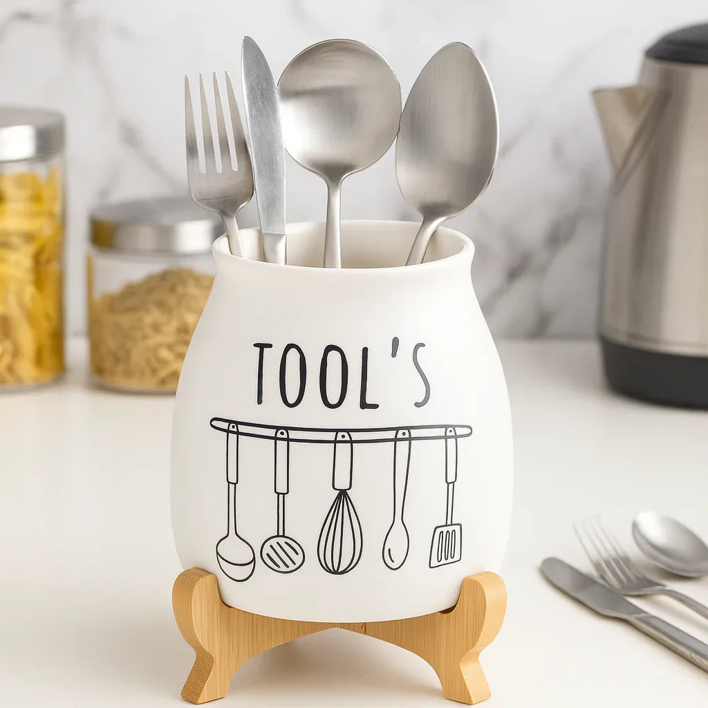 White Ceramic Utensil Holder for Kitchen Counter - Clarify.pk