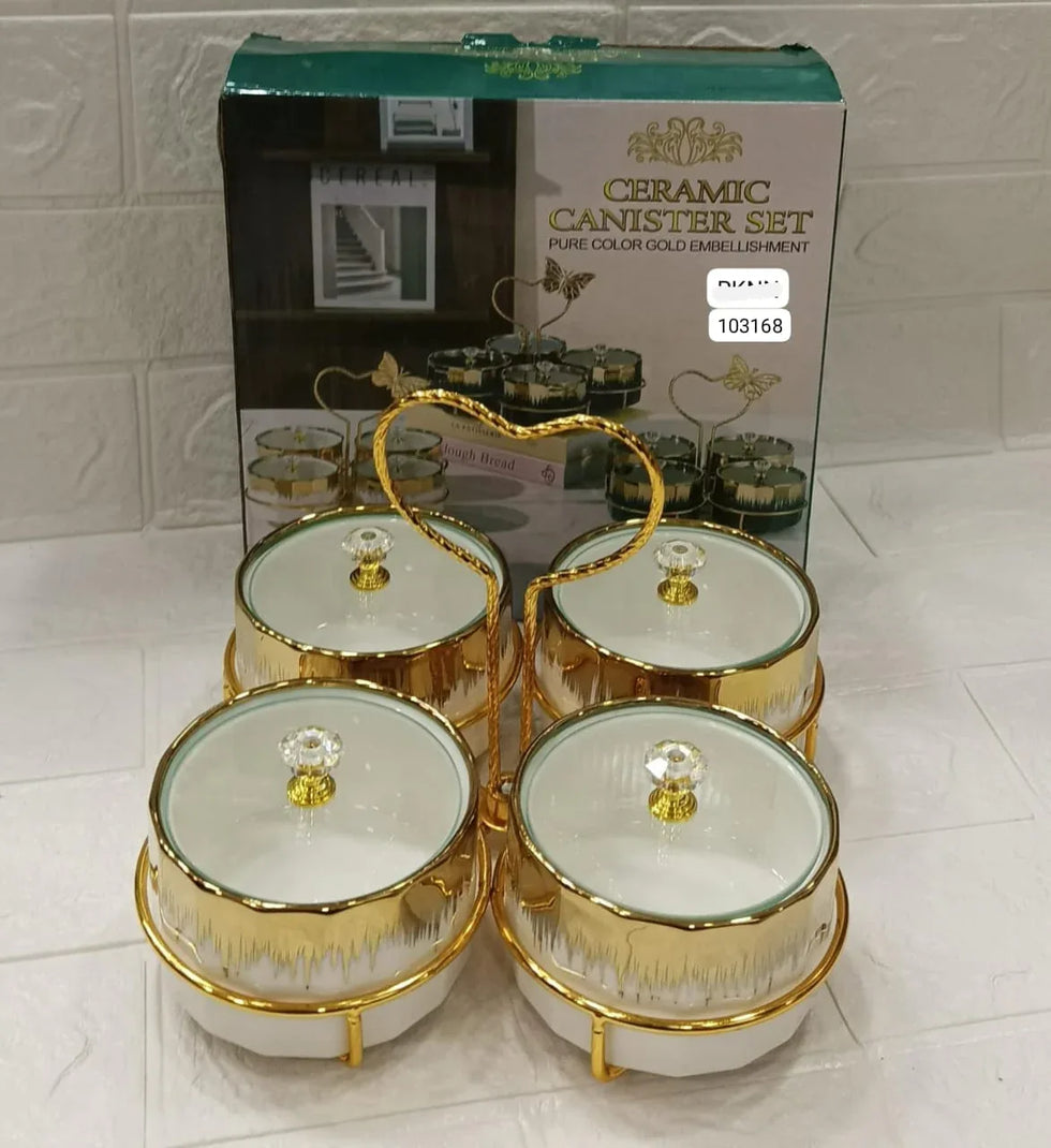 4 Pcs Premium Ceramic Canister Set – Gold Rim with Crystal Lids - Clarify.pk