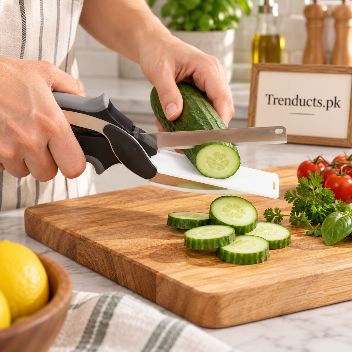 2-in-1 Clever Cutter Knife with Built-In Cutting Board – Handheld Vegetable Slicer