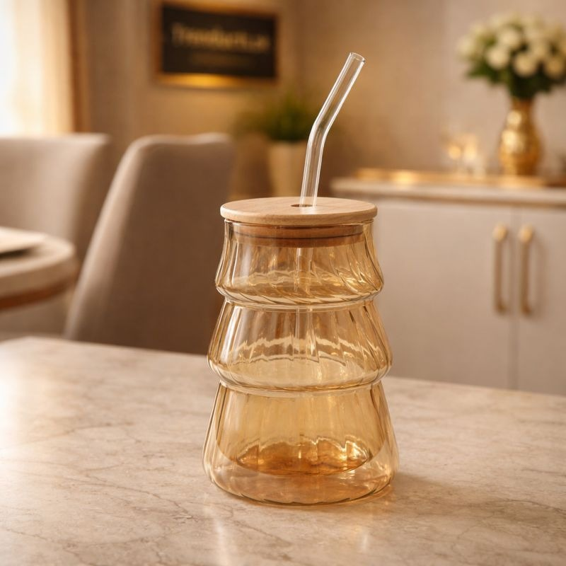 Aesthetic Stacked Glass Cup with Bamboo Lid & Glass Straw (450ml)