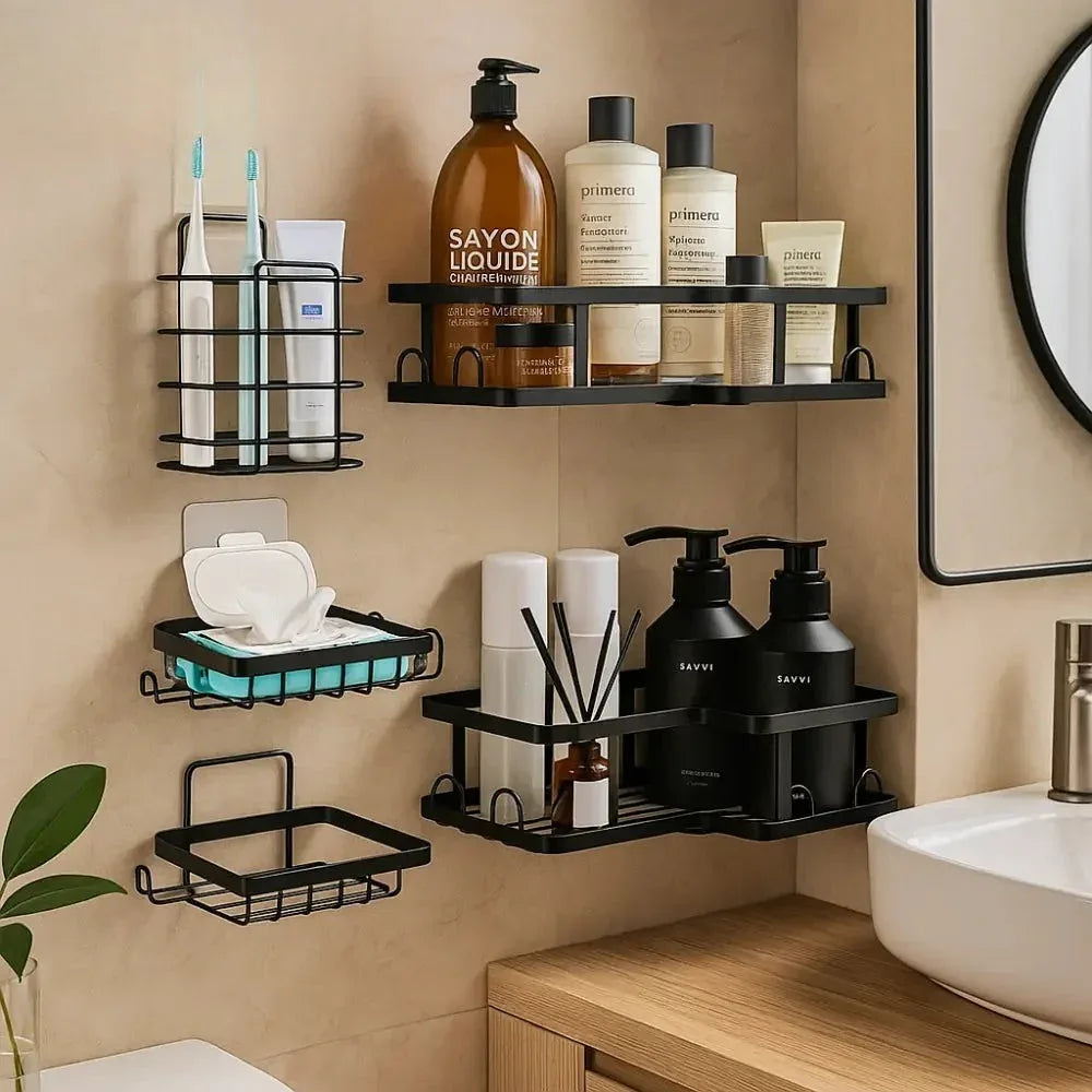 Rustproof 5-Piece Black Bathroom Shelf Set – Wall Mounted - Clarify.pk