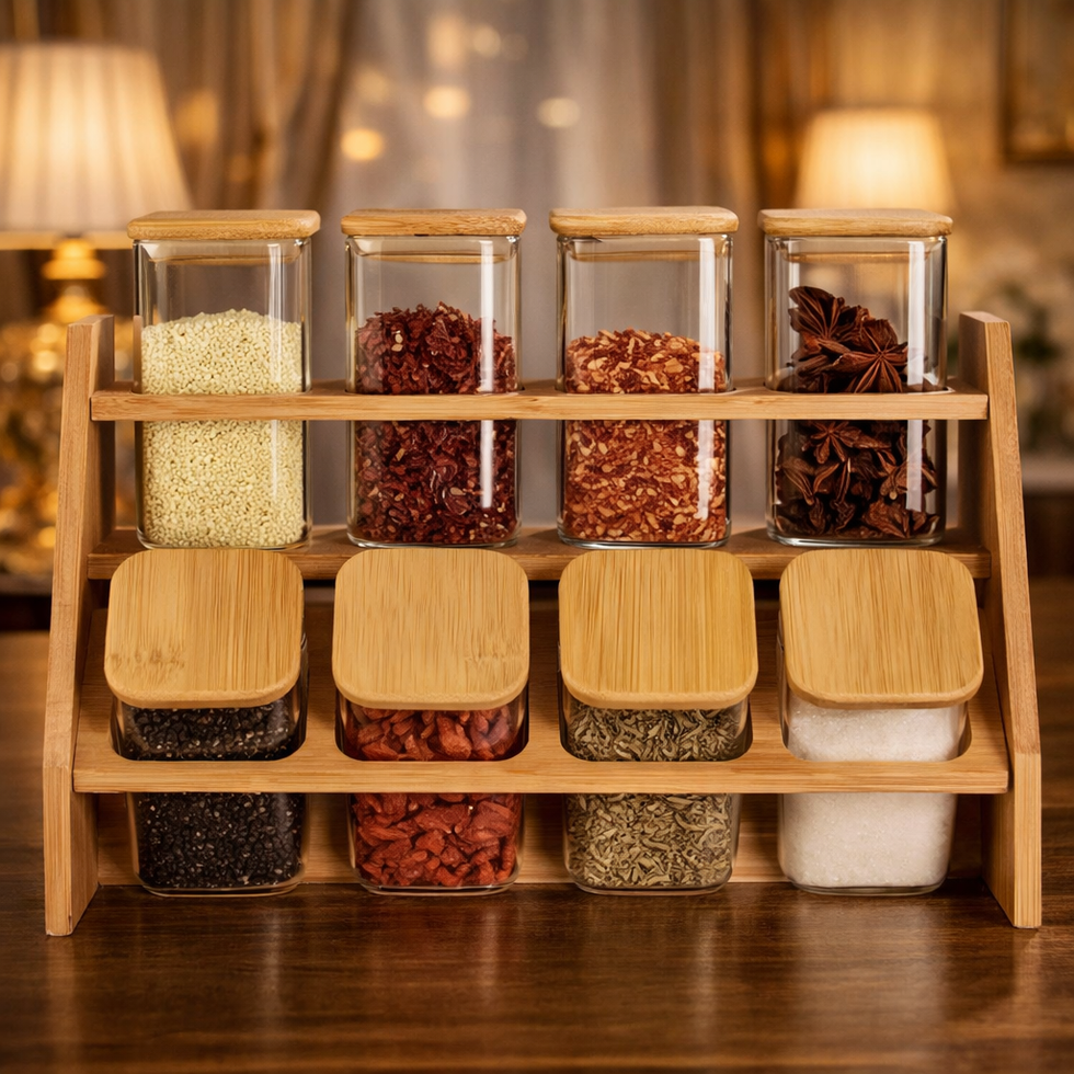 Premium 8 Pieces Glass Spice Jar Set with Bamboo Stand HAT