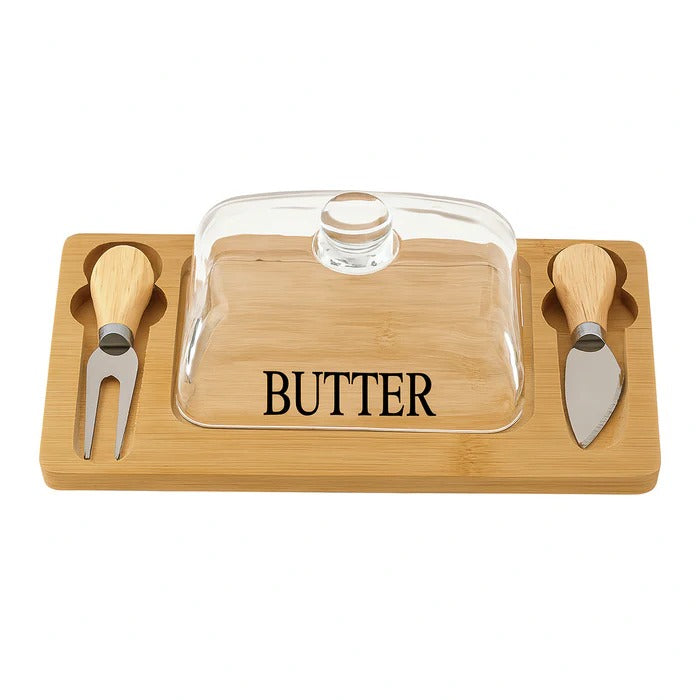 Luxury Glass Butter Dish with Dual Knife Bamboo Base