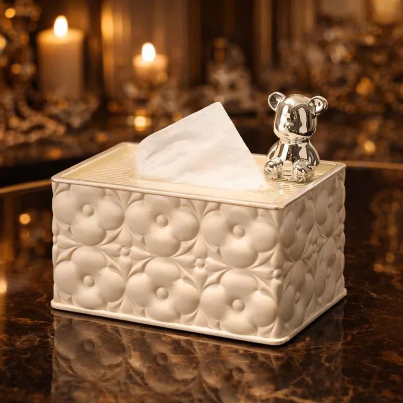 Luxury Embossed Tissue Box with Decorative Bear Figurine - Clarify.pk