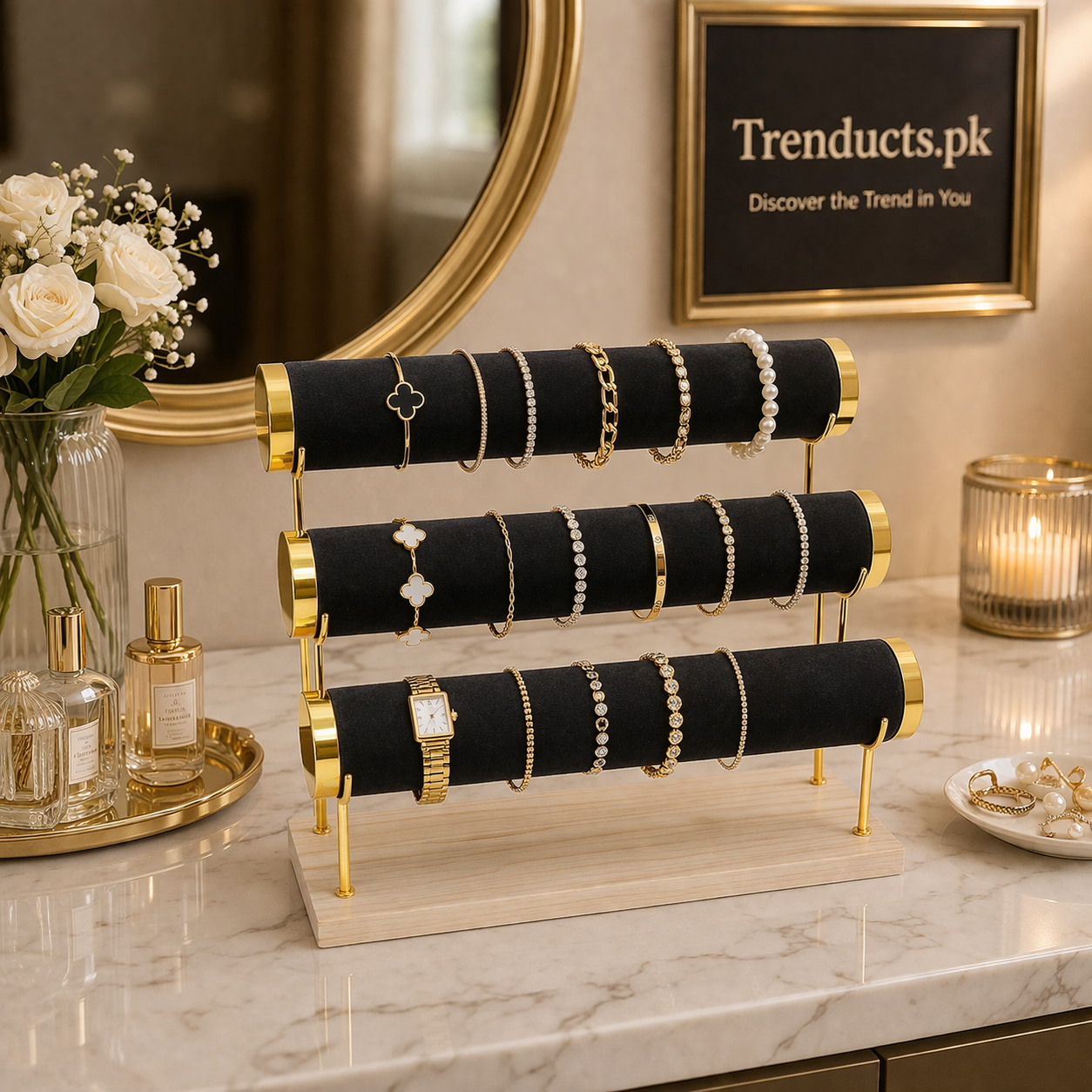 Premium Velvet Jewelry & Watch Display Stand – Tiered Bracelet Organizer (Random Color)