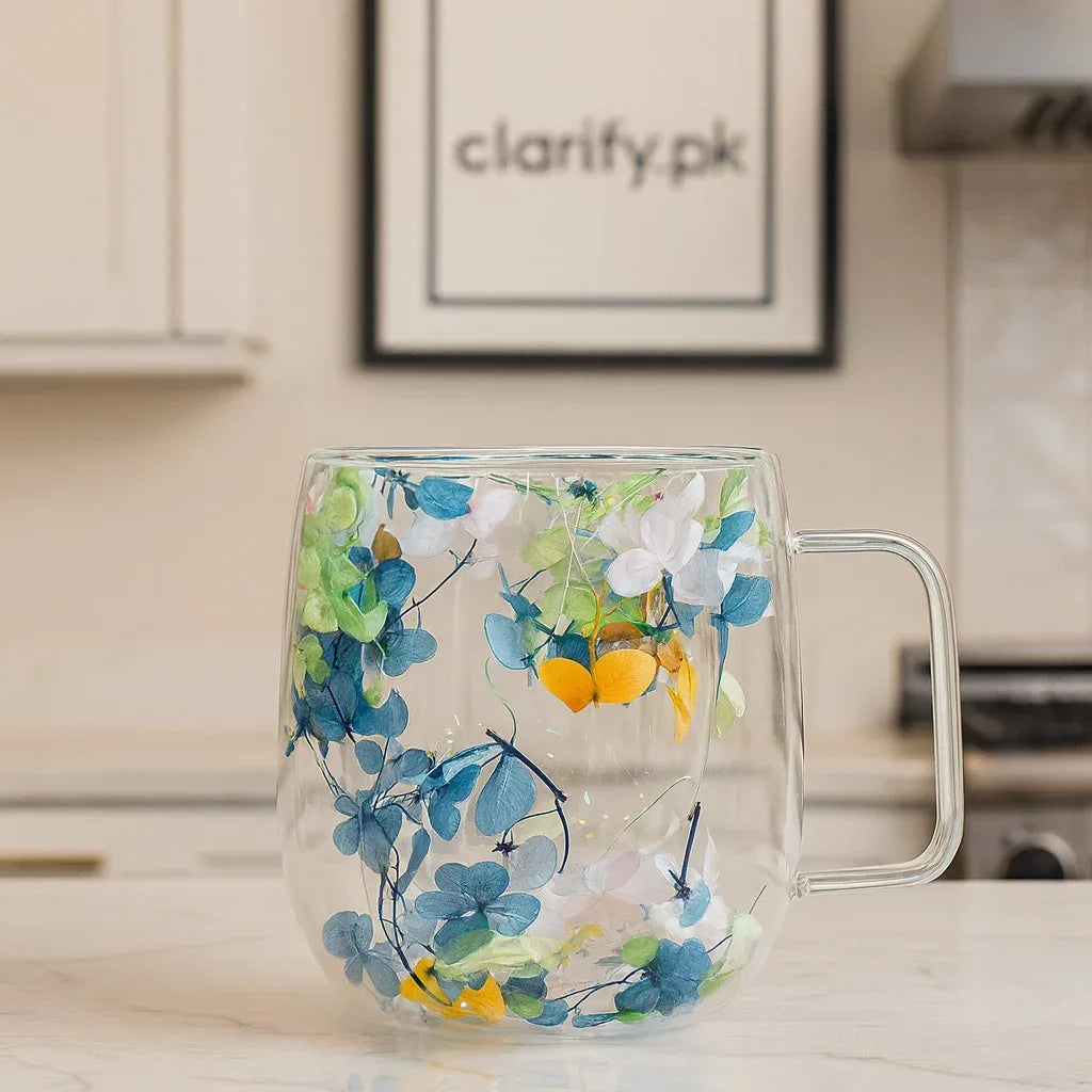 Luxury Floral Double Wall Glass Mug – Insulated Tea Cup - Clarify.pk