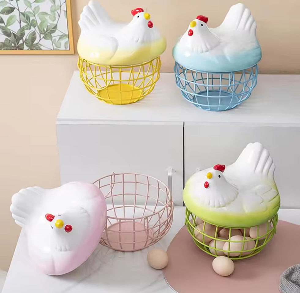 Hen Shaped Egg Basket with Lid - Large Capacity Chicken Egg Holder & Kitchen Storage