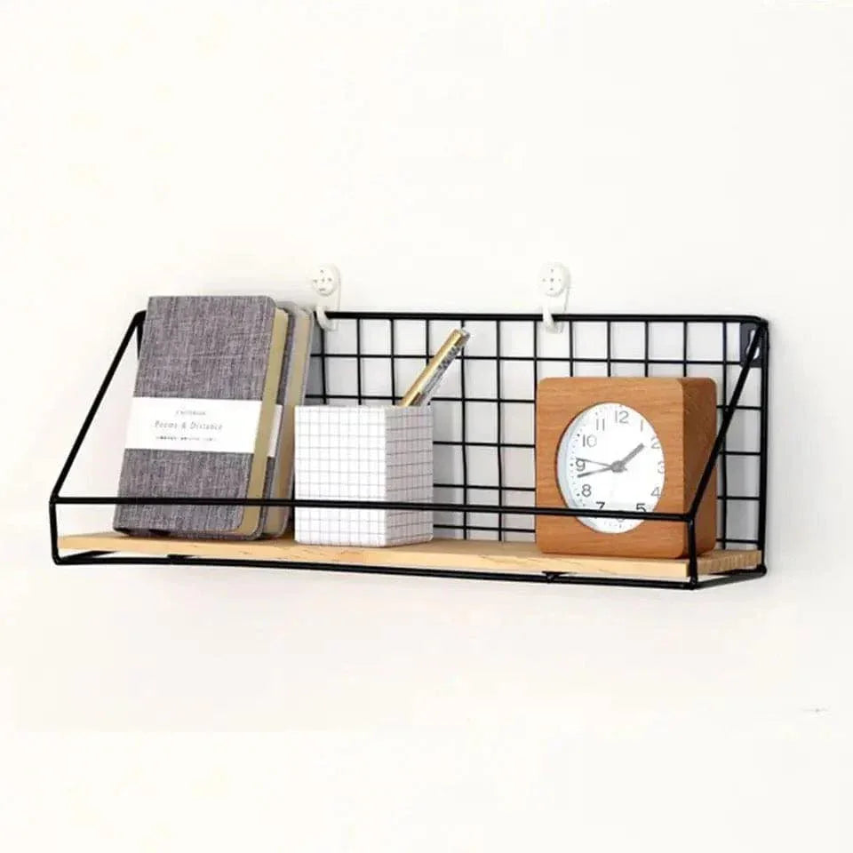 Metal Grid Wall Shelf with Wooden Base for Stylish Home Storage - Clarify.pk