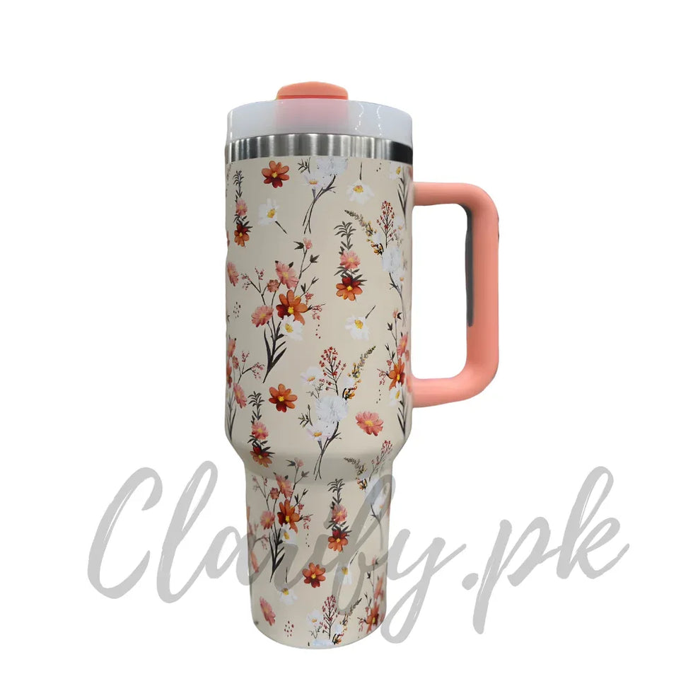 Premium Beige Floral 40oz Tumbler With Handle – 1200ml - Clarify.pk