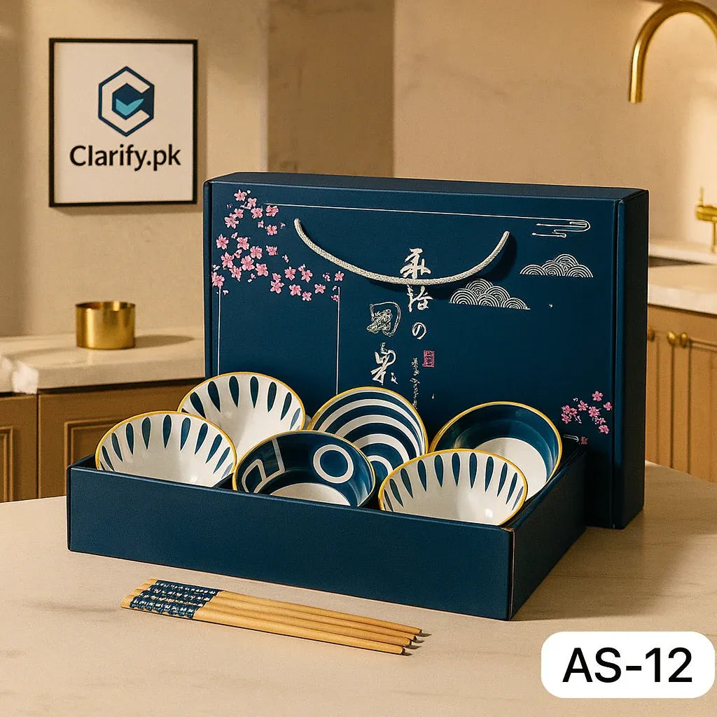 Japanese Ceramic Bowl Set of 6 with Chopsticks – Oriental Blue Blossom Print - Clarify.pk