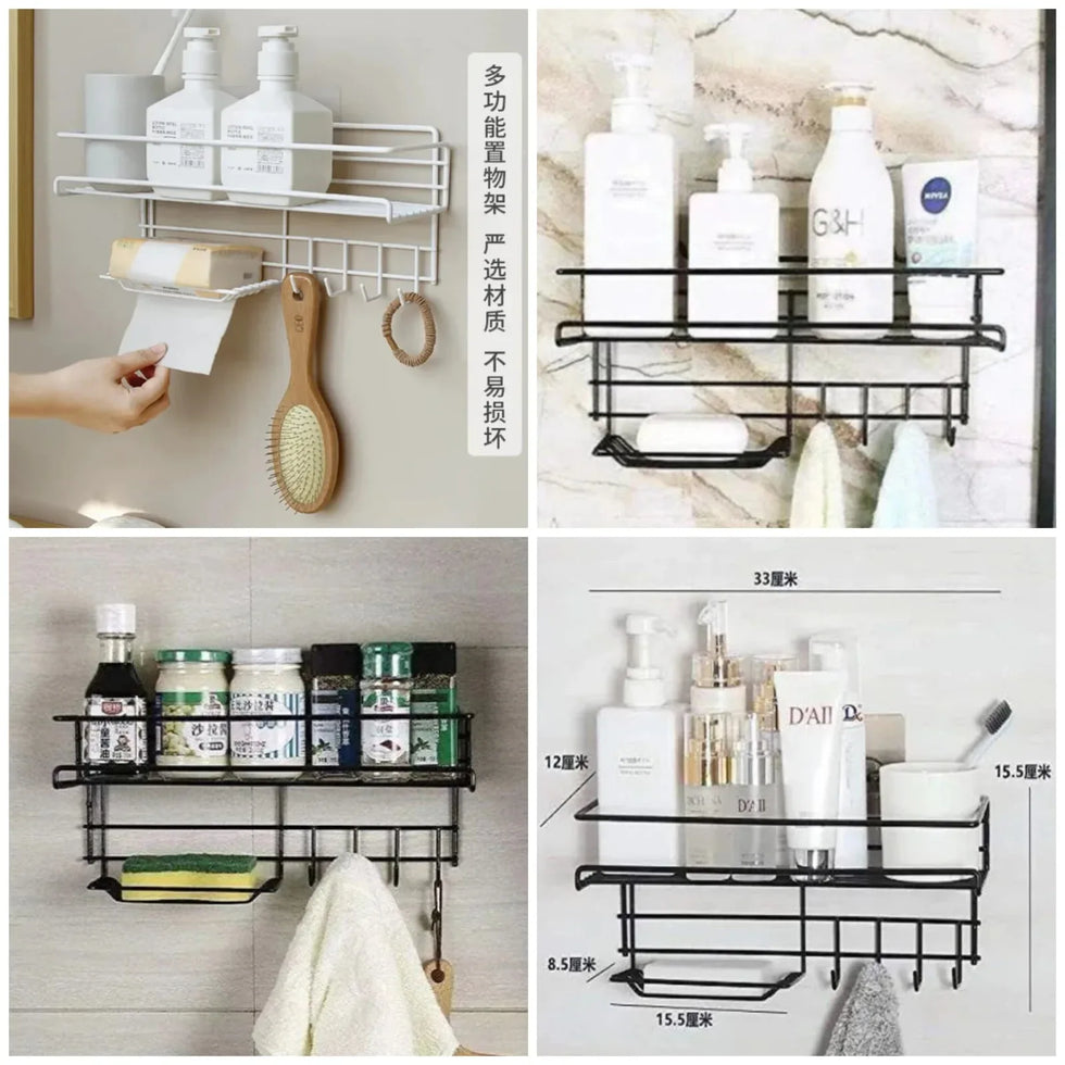 Wall-Mounted Kitchen Shelf with Hooks & Soap Dish – Space-Saving Organizer - Clarify.pk