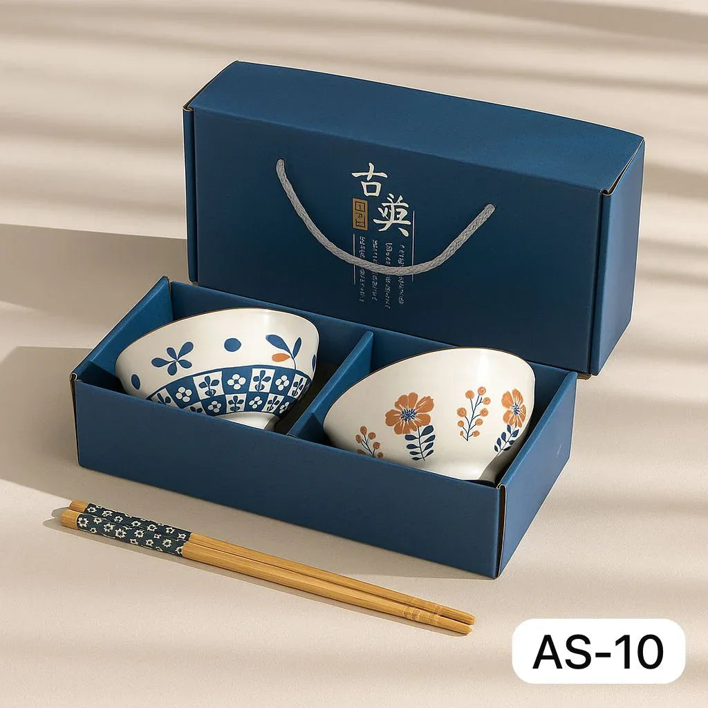 Japanese Ceramic Bowl Set of 2 with Chopsticks – Indigo Floral Print - Clarify.pk