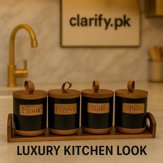 Luxury Ceramic Jar Set – 4 Pcs With Wooden Lids - Clarify.pk