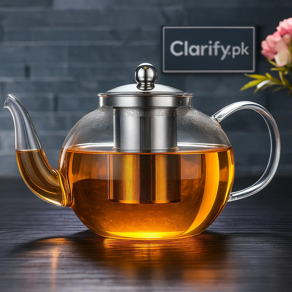Premium Clear Glass Tea Kettle with Steel Filter & Lid - Clarify.pk