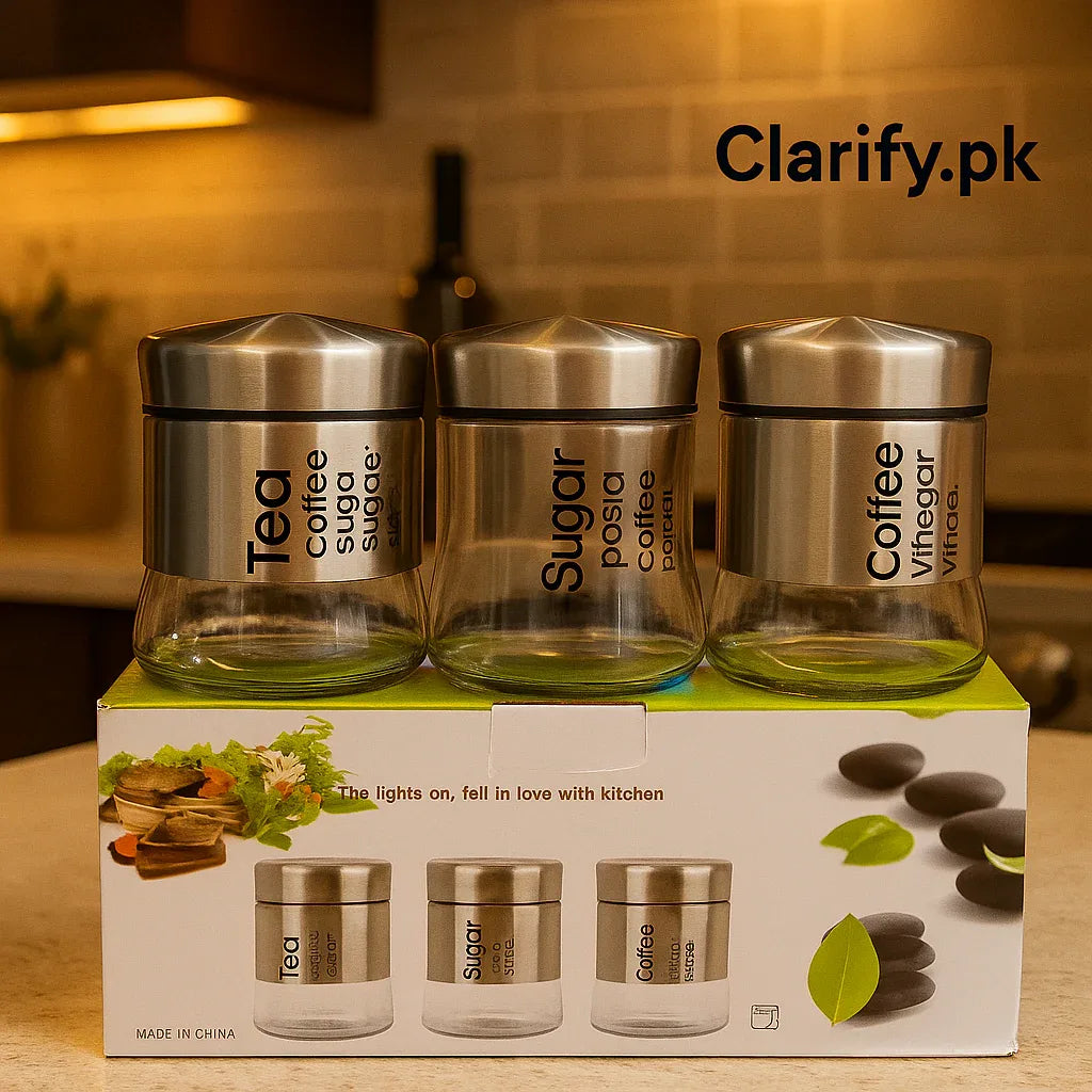 3-Piece Glass Jar Set with Steel Lid - Tea, Sugar, Coffee - Clarify.pk