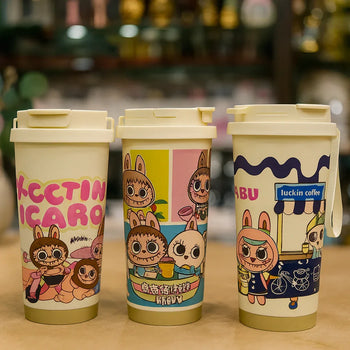 Labubu Ceramic Coffee Cup – Cute Cartoon Mug with Lid (Random Design) - Clarify.pk