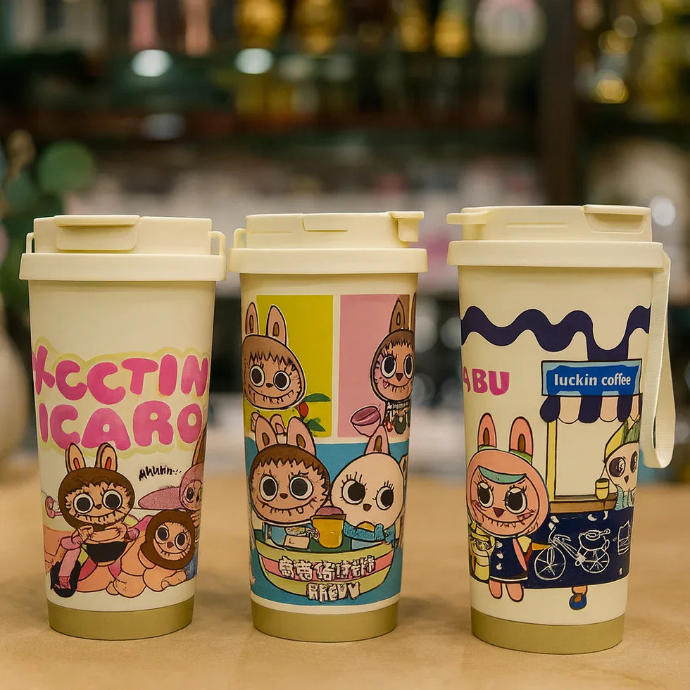 Labubu Ceramic Coffee Cup – Cute Cartoon Mug with Lid (Random Design) - Clarify.pk