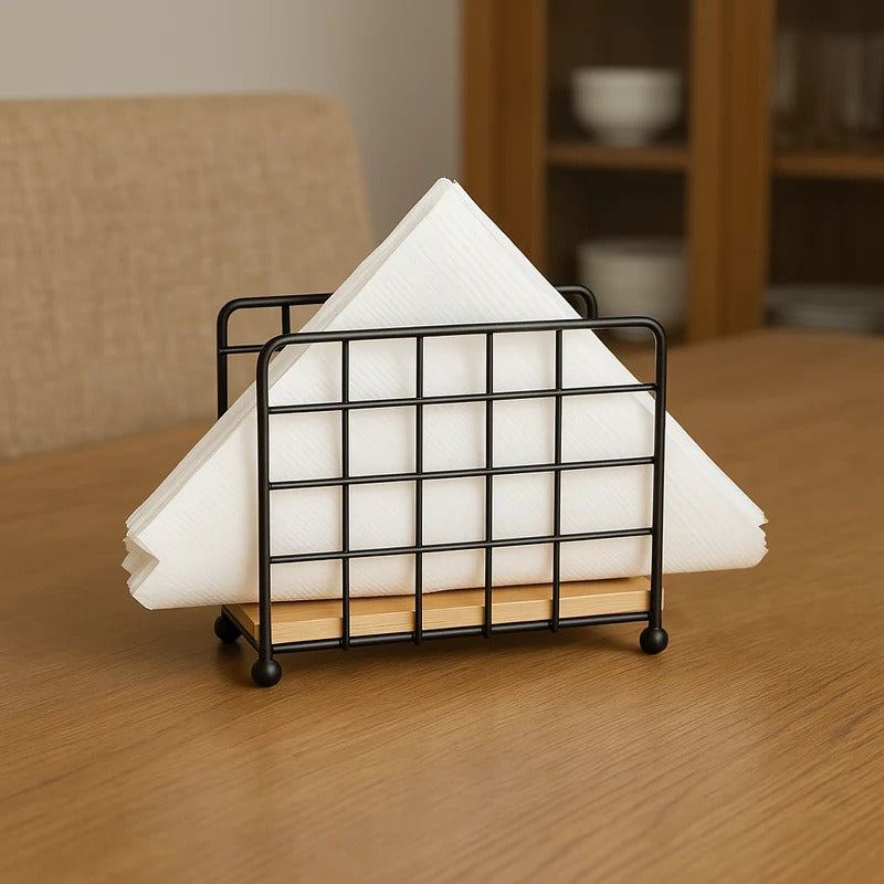 Modern Metallic & Oak Tissue Holder – Geometric Napkin Organizer MJ