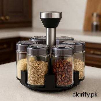 Rotating Spice Rack with Glass Bottles – Kitchen Organizer - Clarify.pk