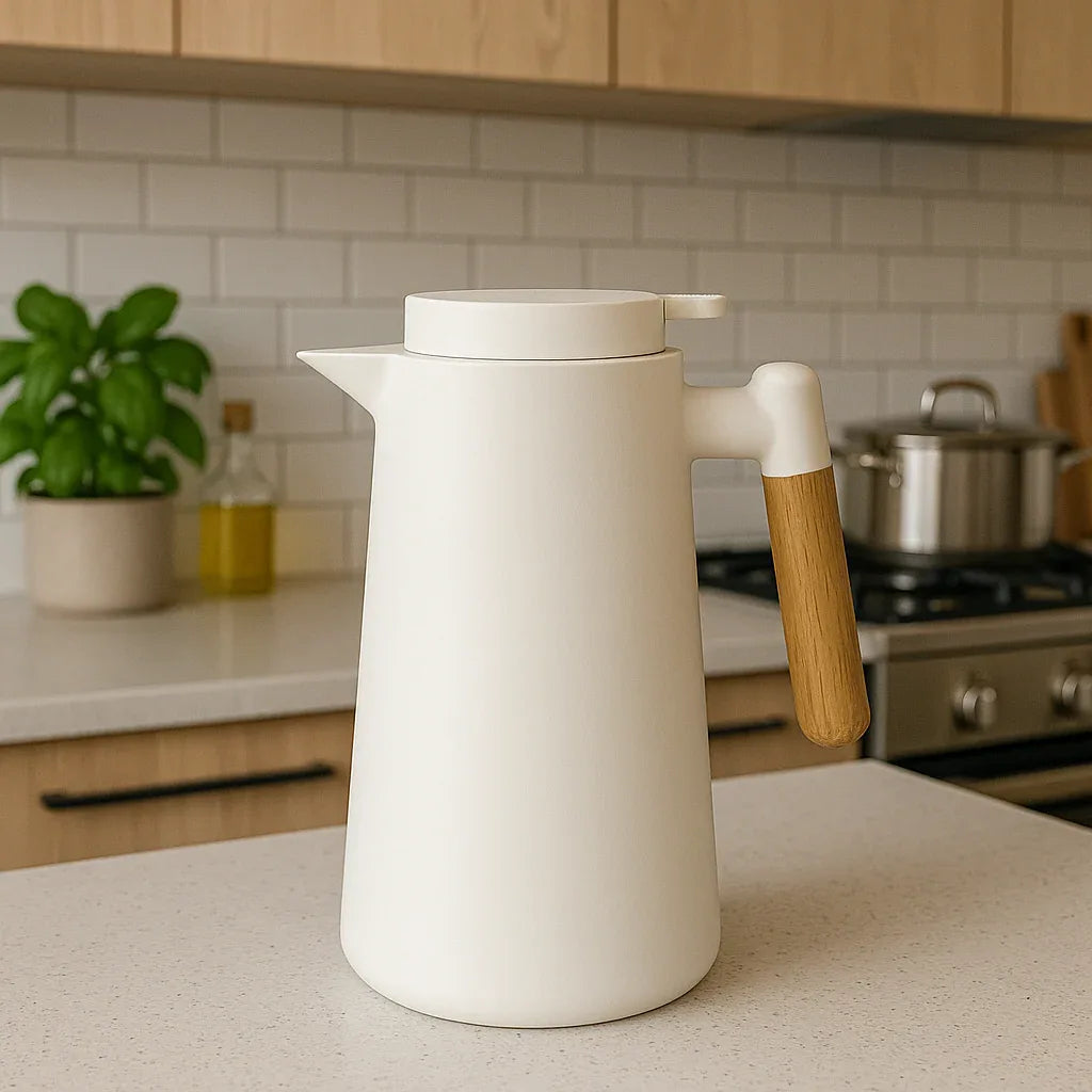 Elegant White Thermos Jug with Wooden Handle – 1 Liter - Clarify.pk