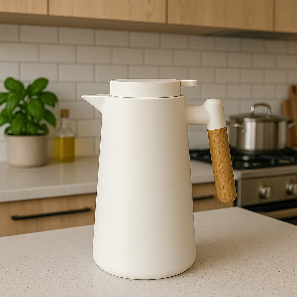 Elegant White Thermos Jug with Wooden Handle – 1 Liter - Clarify.pk