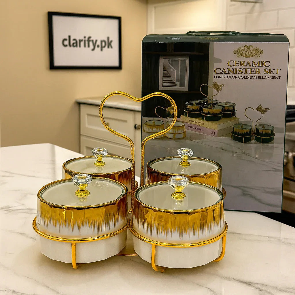 4 Pcs Premium Ceramic Canister Set – Gold Rim with Crystal Lids - Clarify.pk