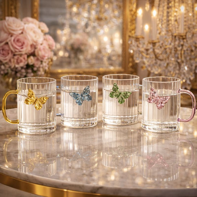 Luxury 3D Butterfly Striped Glass Mug - Creative Colored Handle Tea & Coffee Cup - Trenducts.pk
