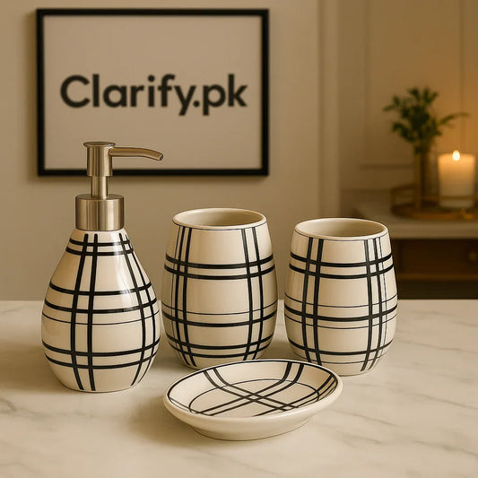 4Pcs Luxury Bath Set – Black & White Bathroom Accessories - Clarify.pk