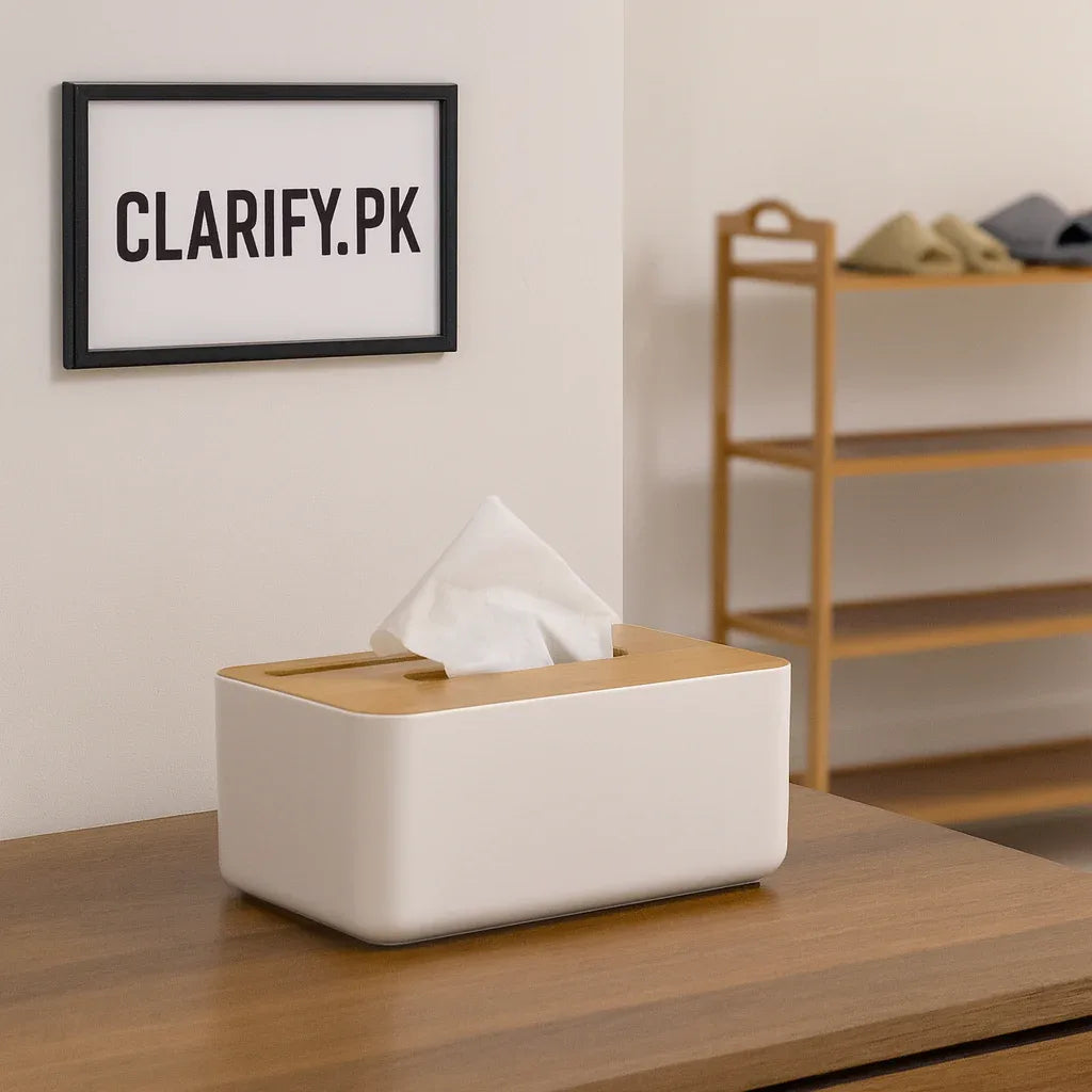 Modern Tissue Box with Bamboo Lid & Phone Holder - Clarify.pk