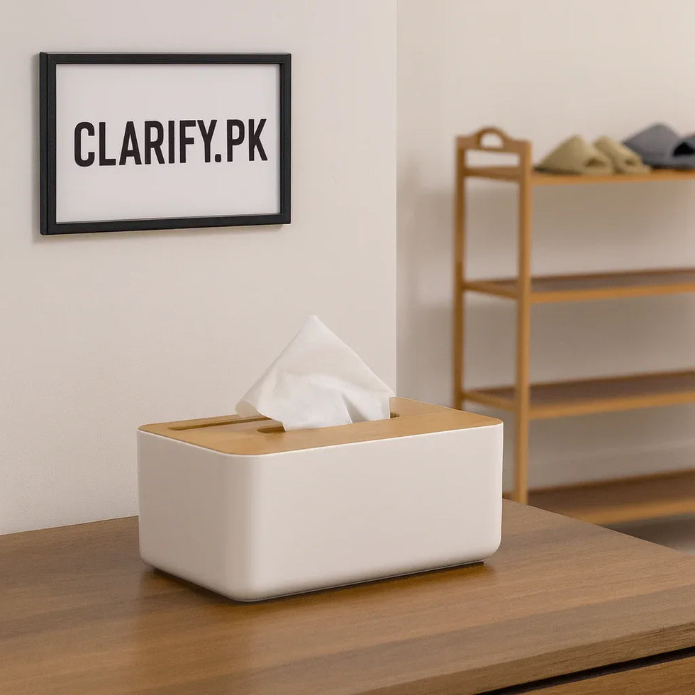 Modern Tissue Box with Bamboo Lid & Phone Holder - Clarify.pk