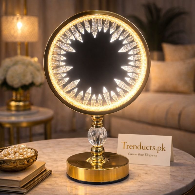 Luxury LED Crystal Halo Electric Lamp - Modern Circular Sunburst Decorative Table Light - Trenducts.pk