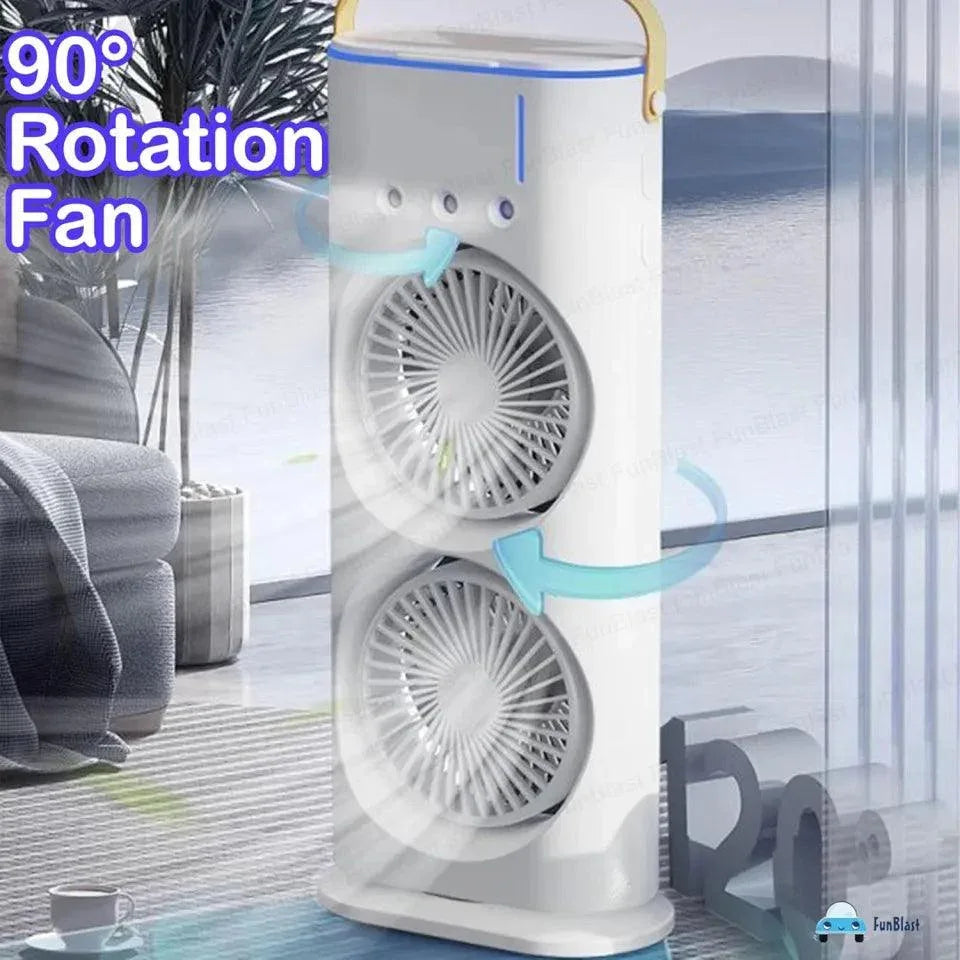 Rechargeable Mist Fan - Dual Spray with Automatic Rotation and Lighting Effects - Clarify.pk