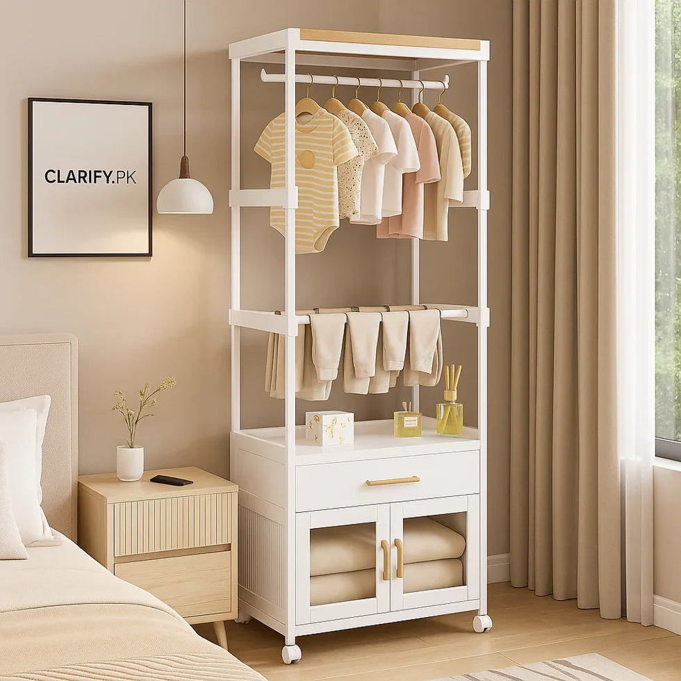 Portable Wardrobe with Cabinet & Hanger – Lightweight & Moveable - Clarify.pk