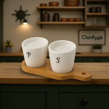 Ceramic Salt & Pepper Set – Bamboo Tray - Clarify.pk